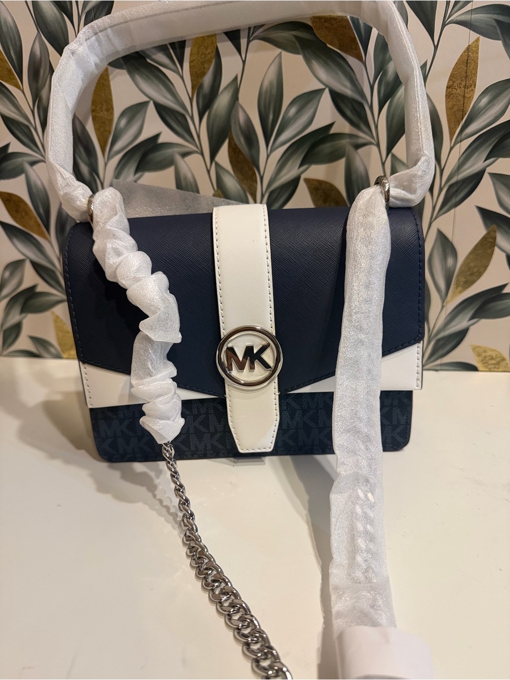 Michael Kors Navy and White MK Logo Crossbody Bag